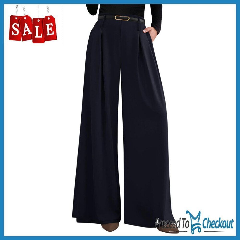 Wide Leg Palazzo Pants Elastic Waist Pleated Work Trousers with Pockets